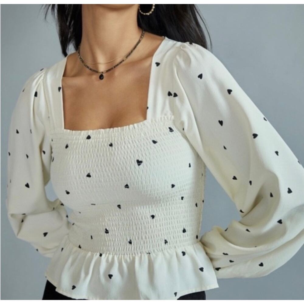 Audrey Parks Cream Smocked Peplum Blouse with Heart Print Romantic Cottagecore S